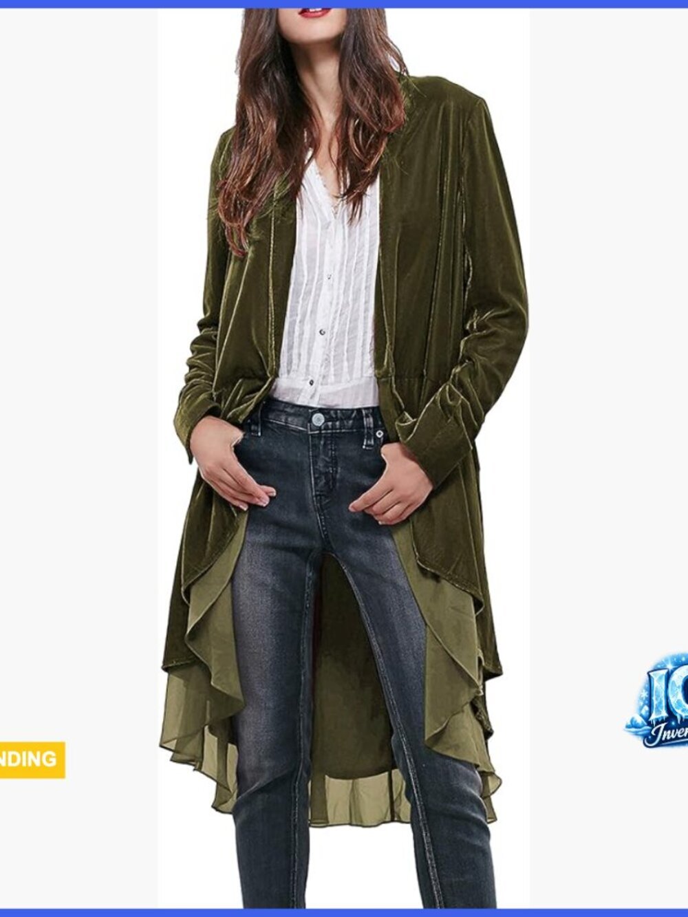 Long Velvet Blazer with Ruffles Asymmetric Hem Cardigan Collarless
